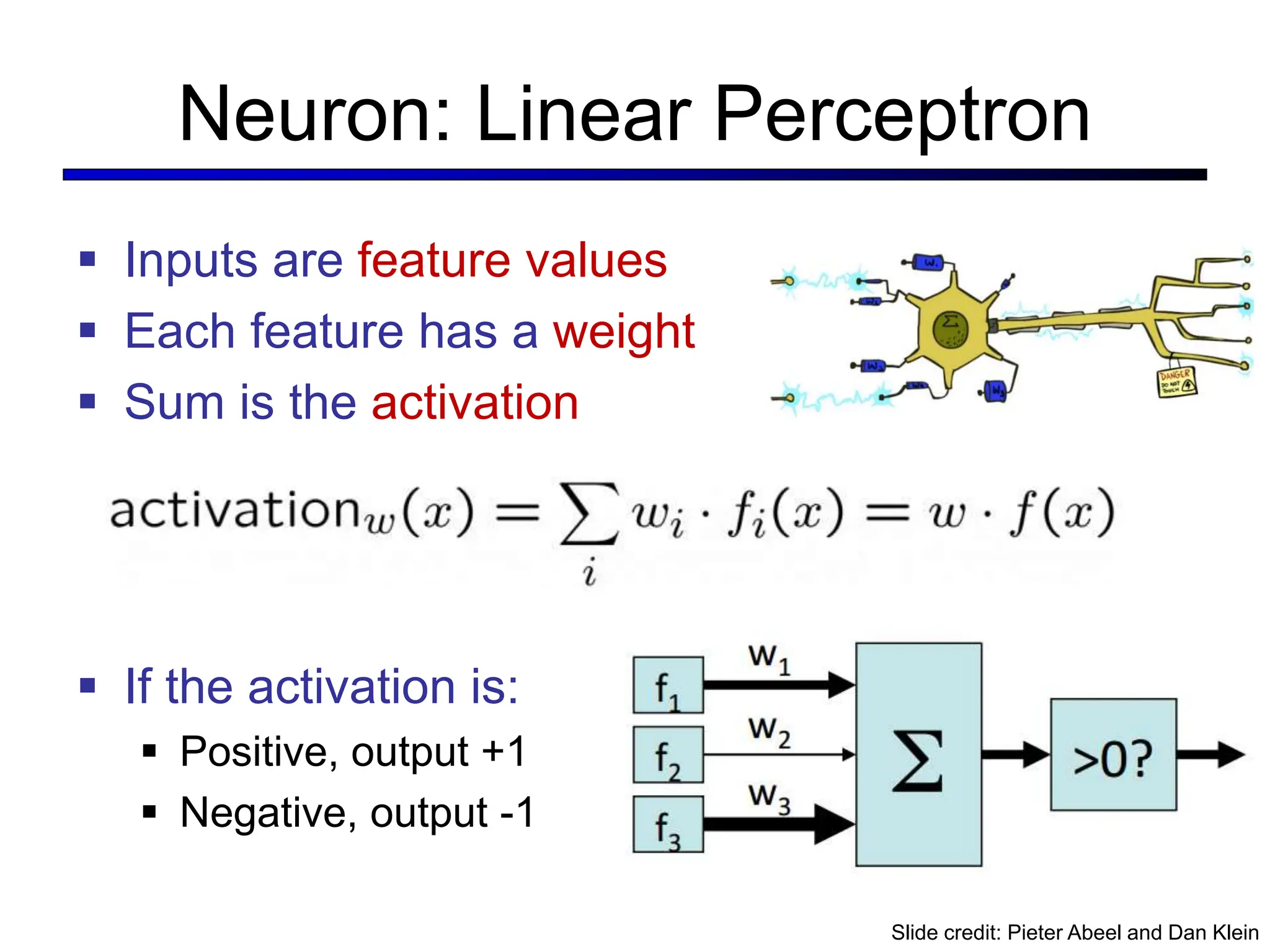 Neuron: Linear Perceptron
 Inputs are feature values
 Each feature has a weight
 Sum is the activation
 If the activation is:
 Positive, output +1
 Negative, output -1
Slide credit: Pieter Abeel and Dan Klein
 