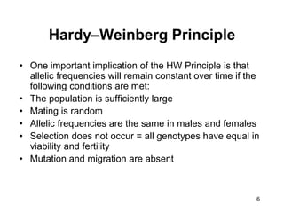6
Hardy–Weinberg Principle
• One important implication of the HW Principle is that
allelic frequencies will remain constant over time if the
following conditions are met:
• The population is sufficiently large
• Mating is random
• Allelic frequencies are the same in males and females
• Selection does not occur = all genotypes have equal in
viability and fertility
• Mutation and migration are absent
 