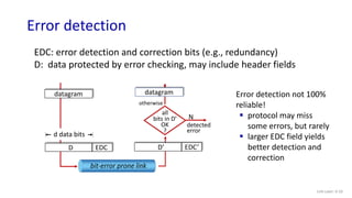 Error detection
Link Layer: 6-10
EDC: error detection and correction bits (e.g., redundancy)
D: data protected by error checking, may include header fields
Error detection not 100%
reliable!
 protocol may miss
some errors, but rarely
 larger EDC field yields
better detection and
correction
datagram
D EDC
d data bits
bit-error prone link
D’ EDC’
all
bits in D’
OK
?
N
detected
error
otherwise
datagram
 