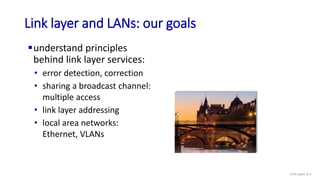 Link layer and LANs: our goals
understand principles
behind link layer services:
• error detection, correction
• sharing a broadcast channel:
multiple access
• link layer addressing
• local area networks:
Ethernet, VLANs
Link Layer: 6-1
 