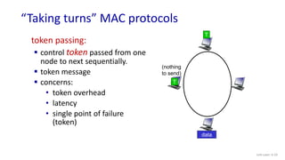 “Taking turns” MAC protocols
Link Layer: 6-33
token passing:
 control token passed from one
node to next sequentially.
 ...