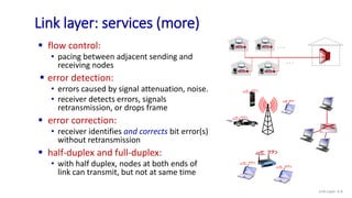 Link layer: services (more)
 flow control:
• pacing between adjacent sending and
receiving nodes
 error detection:
• err...