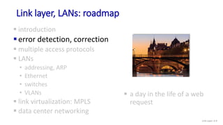 Link layer, LANs: roadmap
 a day in the life of a web
request
 introduction
error detection, correction
 multiple acce...
