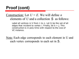 Proof (cont)
Construction: Let U = E. We will define n
elements of U and a collection S as follows:
Note: Each edge corresponds to each element in U and
each vertex corresponds to each set in S.
Label all vertices in V from 1 to n. Let Si be the set of all
edges that incident to vertex i. Finally, let b = j. This
construction is in poly-time with respect to the size of
VC instance.
 
