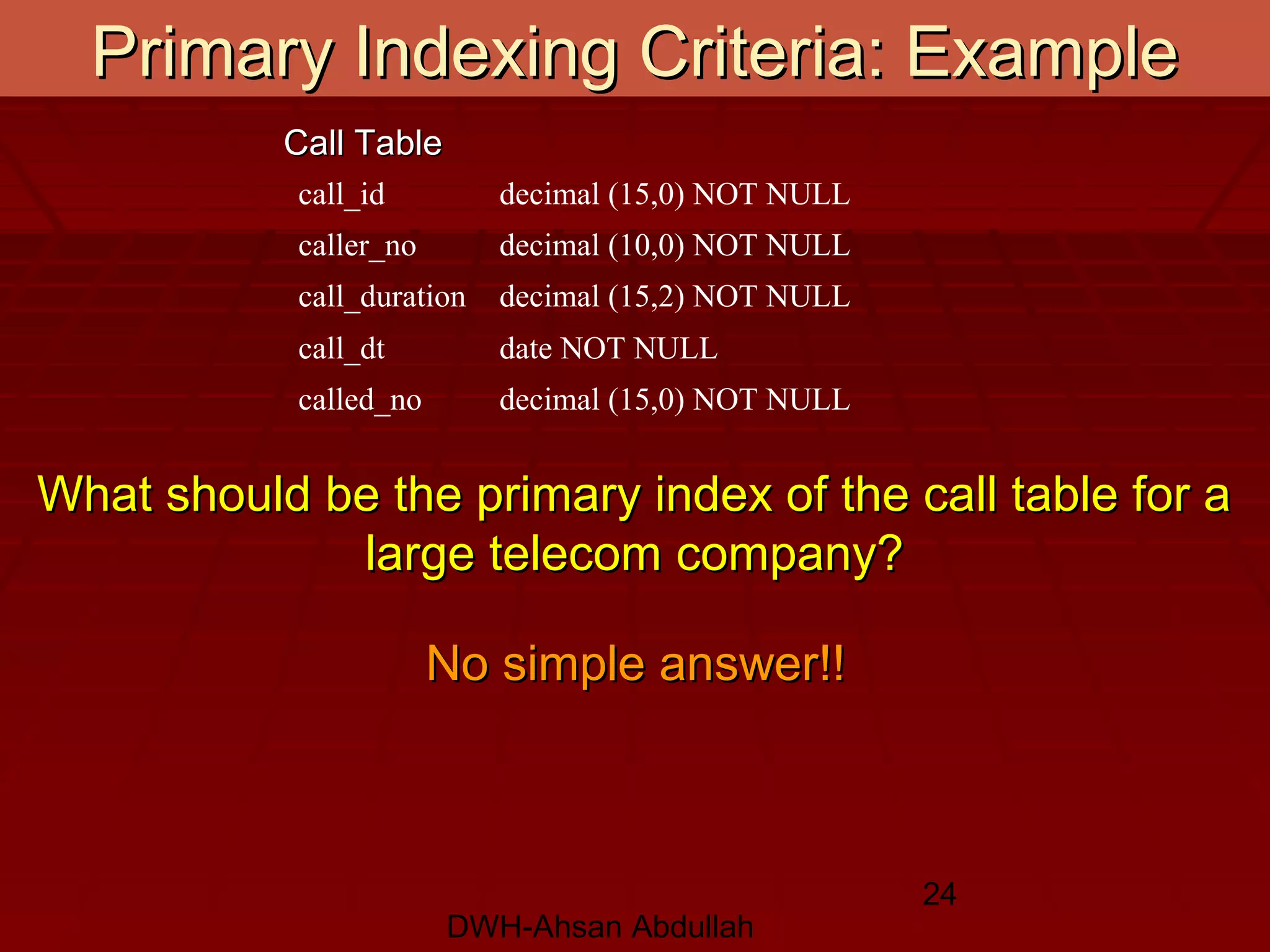 DWH-Ahsan Abdullah
24
Primary Indexing Criteria: ExamplePrimary Indexing Criteria: Example
What should be the primary index of the call table for aWhat should be the primary index of the call table for a
large telecom company?large telecom company?
call_id decimal (15,0) NOT NULL
caller_no decimal (10,0) NOT NULL
call_duration decimal (15,2) NOT NULL
call_dt date NOT NULL
called_no decimal (15,0) NOT NULL
Call TableCall Table
No simple answer!!No simple answer!!
 
