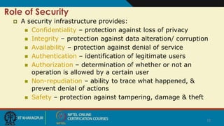 18
Role of Security
 A security infrastructure provides:
 Confidentiality – protection against loss of privacy
 Integrity – protection against data alteration/ corruption
 Availability – protection against denial of service
 Authentication – identification of legitimate users
 Authorization – determination of whether or not an
operation is allowed by a certain user
 Non-repudiation – ability to trace what happened, &
prevent denial of actions
 Safety – protection against tampering, damage & theft
 