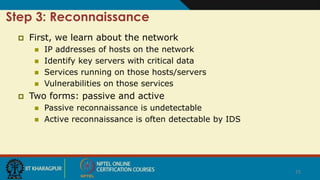 25
Step 3: Reconnaissance
 First, we learn about the network
 IP addresses of hosts on the network
 Identify key servers with critical data
 Services running on those hosts/servers
 Vulnerabilities on those services
 Two forms: passive and active
 Passive reconnaissance is undetectable
 Active reconnaissance is often detectable by IDS
 
