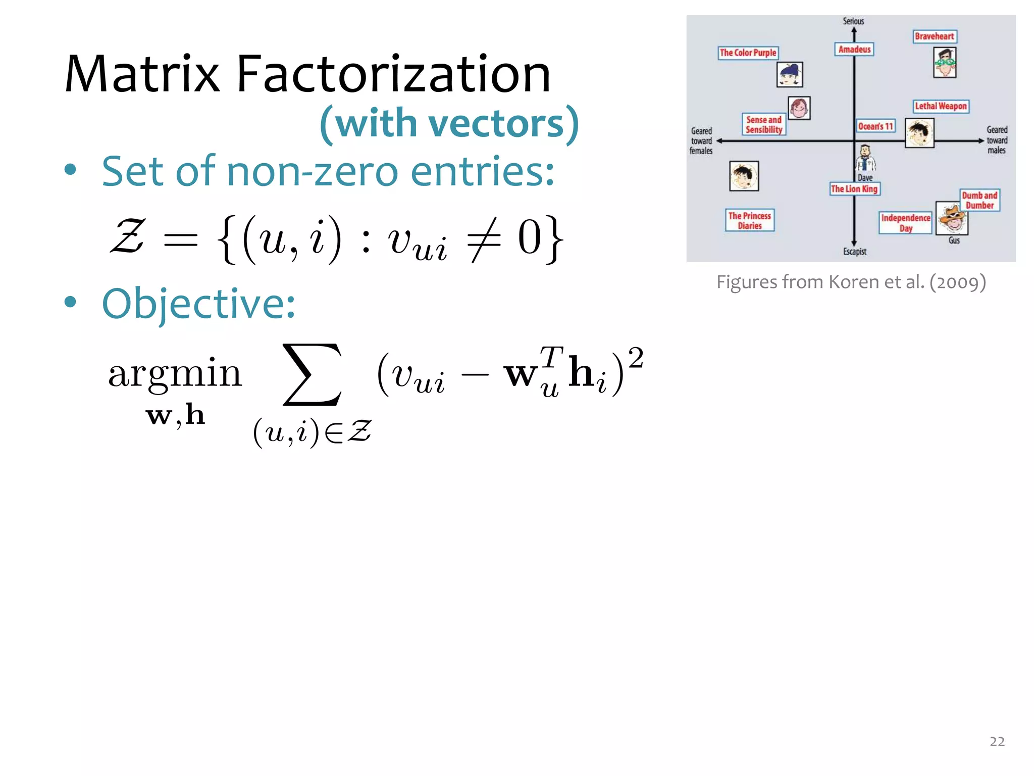 Matrix Factorization
• Set of non-zero entries:
• Objective:
22
Figures from Koren et al. (2009)
(with vectors)
 