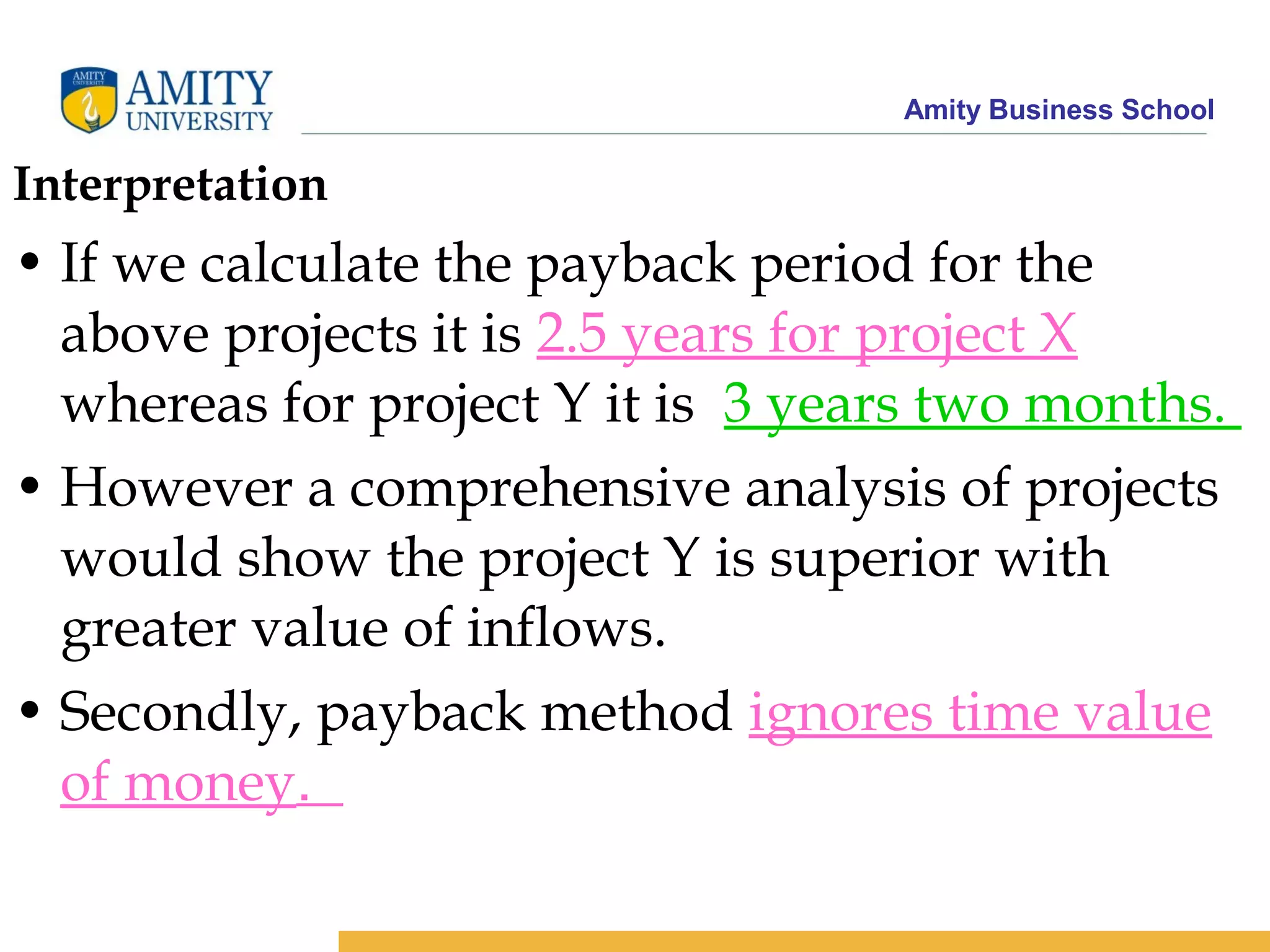 Amity Business School
Interpretation
• If we calculate the payback period for the
above projects it is 2.5 years for project X
whereas for project Y it is 3 years two months.
• However a comprehensive analysis of projects
would show the project Y is superior with
greater value of inflows.
• Secondly, payback method ignores time value
of money.
 