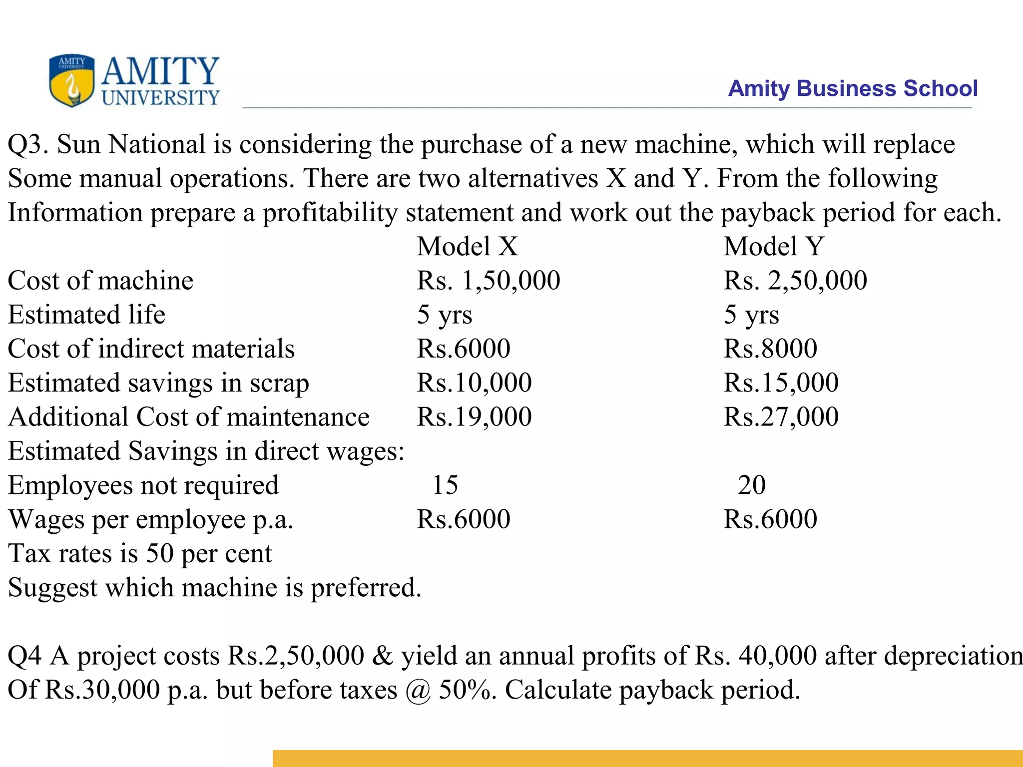 Amity Business School
Q3. Sun National is considering the purchase of a new machine, which will replace
Some manual operations. There are two alternatives X and Y. From the following
Information prepare a profitability statement and work out the payback period for each.
Model X Model Y
Cost of machine Rs. 1,50,000 Rs. 2,50,000
Estimated life 5 yrs 5 yrs
Cost of indirect materials Rs.6000 Rs.8000
Estimated savings in scrap Rs.10,000 Rs.15,000
Additional Cost of maintenance Rs.19,000 Rs.27,000
Estimated Savings in direct wages:
Employees not required 15 20
Wages per employee p.a. Rs.6000 Rs.6000
Tax rates is 50 per cent
Suggest which machine is preferred.
Q4 A project costs Rs.2,50,000 & yield an annual profits of Rs. 40,000 after depreciation
Of Rs.30,000 p.a. but before taxes @ 50%. Calculate payback period.
 