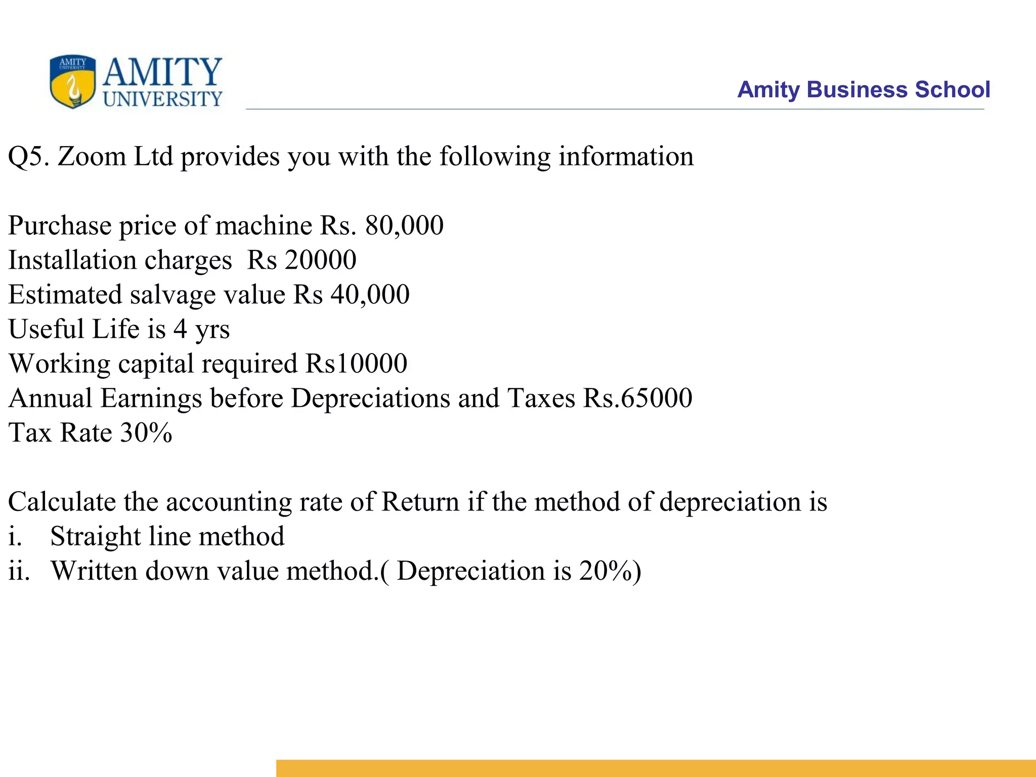 Amity Business School
Q5. Zoom Ltd provides you with the following information
Purchase price of machine Rs. 80,000
Installation charges Rs 20000
Estimated salvage value Rs 40,000
Useful Life is 4 yrs
Working capital required Rs10000
Annual Earnings before Depreciations and Taxes Rs.65000
Tax Rate 30%
Calculate the accounting rate of Return if the method of depreciation is
i. Straight line method
ii. Written down value method.( Depreciation is 20%)
 