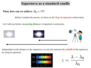 Then, how can we achieve ??
Ω0 = 1
•As I told you before, measuring distance is important in astronomy.
Before I explain the answer, we focus on the Type Ia supernova observation.
Independent on the distance to the supernova, we can also measure the redshift of the supernova
by using its spectrum.
Supernova as a standard candle
z =
0
0
 
