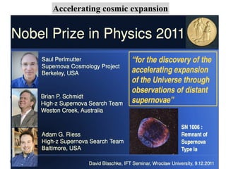 Accelerating cosmic expansion
•If , the expansion of the
universe accelerates（加速）
and distance becomes larger for a
given redshift
q0 < 0
•If , the expansion of the
universe decelerates（减速）
and distance becomes shorter for
a given redshift
q0 > 0
•The observation of supernova
indicates .
q0 < 0
The expansion of the
universe is accelerating!
 
