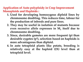 Application of Auto polyploidy in Crop Improvement
Monoploids and Haploids :
1. Used for developing homozygous diploid lines by
chromosome doubling. This reduces time, labour for
the production of inbreds and pure lines.
2. They may be useful in isolation of mutants because
even recessive allele expresses in M1 itself due to
chromosome doubling.
3. Since, desirable gametes are more frequent (p) than
desirable zygotes (p2), selection based on haploids is
more advantageous than diploid.
4. In auto tetraploid plants like potato, breeding is
relatively easy at the haploid (2X) level than at
tetraploid level.
 