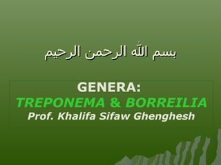 ‫بسم ا الرحمن الرحيم‬
GENERA:
TREPONEMA & BORREILIA
Prof. Khalifa Sifaw Ghenghesh

 