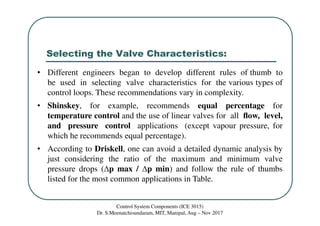 Selecting the Valve Characteristics:
• Different engineers began to develop different rules of thumb to
be used in selecting valve characteristics for the various types of
control loops. These recommendations vary in complexity.
• Shinskey, for example, recommends equal percentage for
temperature control and the use of linear valves for all ﬂow, level,
and pressure control applications (except vapour pressure, for
which he recommends equal percentage).
• According to Driskell, one can avoid a detailed dynamic analysis by
just considering the ratio of the maximum and minimum valve
pressure drops (∆p max / ∆p min) and follow the rule of thumbs
listed for the most common applications in Table.
Control System Components (ICE 3015)
Dr. S.Meenatchisundaram, MIT, Manipal, Aug – Nov 2017
 