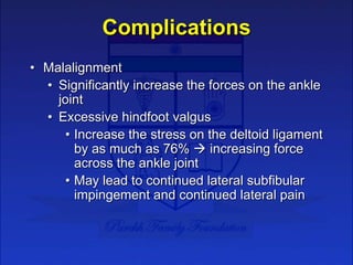 Complications
• Malalignment
• Significantly increase the forces on the ankle
joint
• Excessive hindfoot valgus
• Increase...