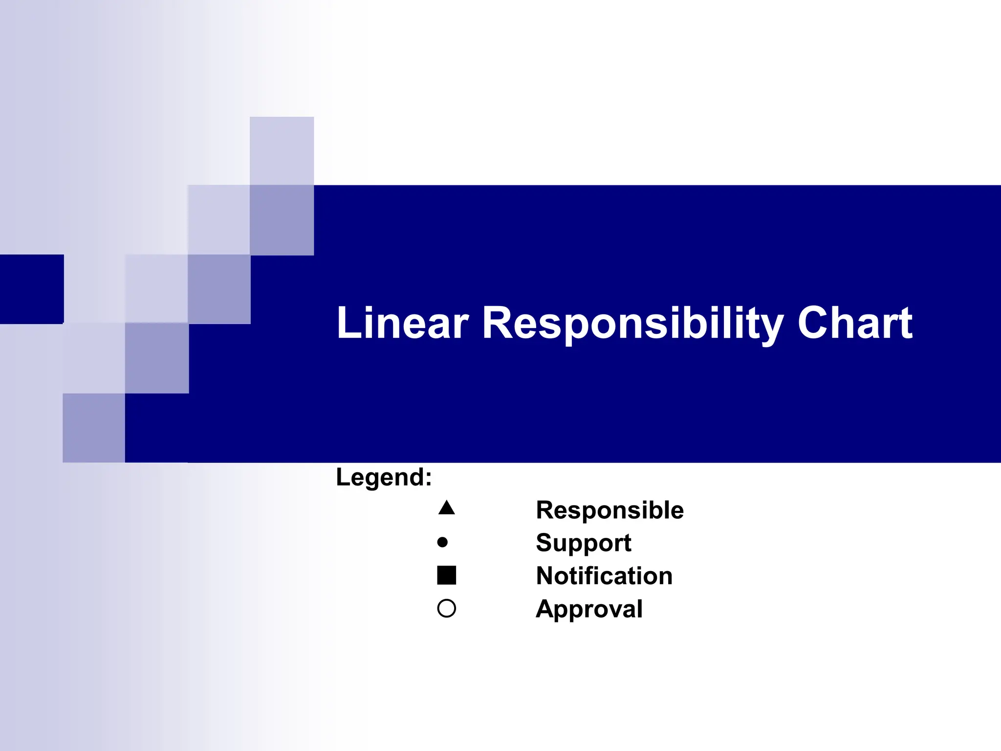 Linear Responsibility Chart
Legend:
 Responsible
 Support
 Notification
 Approval
 