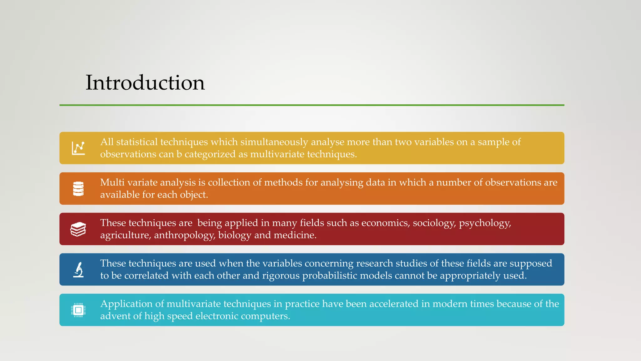 Introduction
All statistical techniques which simultaneously analyse more than two variables on a sample of
observations can b categorized as multivariate techniques.
Multi variate analysis is collection of methods for analysing data in which a number of observations are
available for each object.
These techniques are being applied in many fields such as economics, sociology, psychology,
agriculture, anthropology, biology and medicine.
These techniques are used when the variables concerning research studies of these fields are supposed
to be correlated with each other and rigorous probabilistic models cannot be appropriately used.
Application of multivariate techniques in practice have been accelerated in modern times because of the
advent of high speed electronic computers.
 