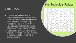CRITICISM
• Durkheim has been accused of
committing an ecological fallacy,since
Durkheim's conclusions are apparently
about individual behaviour (e.g.
suicide), although they are derived
from aggregate statistics (the suicide
rate among Protestants and Catholics).
• This type of inference, which explains
particular events (the "micro") in terms
of statistical data (the "macro"), is
often misleading.
 