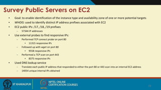 Survey Public Servers on EC2
• Goal: to enable identification of the instance type and availability zone of one or more potential targets
• WHOIS: used to identify distinct IP address prefixes associated with EC2
• EC2 public IPs: /17, /18, /19 prefixes
– 57344 IP addresses
• Use external probes to find responsive IPs:
– Performed TCP connect probe on port 80
• 11315 responsive IPs
– Followed up with wget on port 80
• 9558 responsive IPs
– Performed a TCP scan on port 443
• 8375 responsive IPs
• Used DNS lookup service
– Translate each public IP address that responded to either the port 80 or 443 scan into an internal EC2 address
– 14054 unique internal IPs obtained
13
 