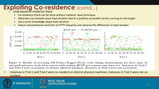 Exploiting Co-residence (contd…)
• Instances in Trial 1 and Trial 2 were co-resident on distinct physical machines; instances in Trial 3 were not co-
resident
 Load-based co-residence check
 Co-residence check can be done without network- base technique
 Adversary can actively cause load variation due to a publicly-accessible service running on the target
 Use a priori knowledge about load variation
 Induce computational load (lots of HTTP requests) and observe the differences in load samples
24
 