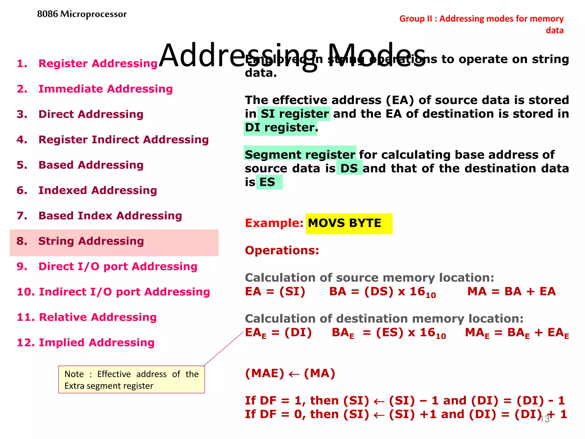 Addressing Modes
13
8086 Microprocessor
1. Register Addressing
2. Immediate Addressing
3. Direct Addressing
4. Register Indirect Addressing
5. Based Addressing
6. Indexed Addressing
7. Based Index Addressing
8. String Addressing
9. Direct I/O port Addressing
10. Indirect I/O port Addressing
11. Relative Addressing
12. Implied Addressing
Employed in string operations to operate on string
data.
The effective address (EA) of source data is stored
in SI register and the EA of destination is stored in
DI register.
Segment register for calculating base address of
source data is DS and that of the destination data
is ES
Example: MOVS BYTE
Operations:
Calculation of source memory location:
EA = (SI) BA = (DS) x 1610 MA = BA + EA
Calculation of destination memory location:
EAE = (DI) BAE = (ES) x 1610 MAE = BAE + EAE
(MAE)  (MA)
If DF = 1, then (SI)  (SI) – 1 and (DI) = (DI) - 1
If DF = 0, then (SI)  (SI) +1 and (DI) = (DI) + 1
Group II : Addressing modes for memory
data
Note : Effective address of the
Extra segment register
 