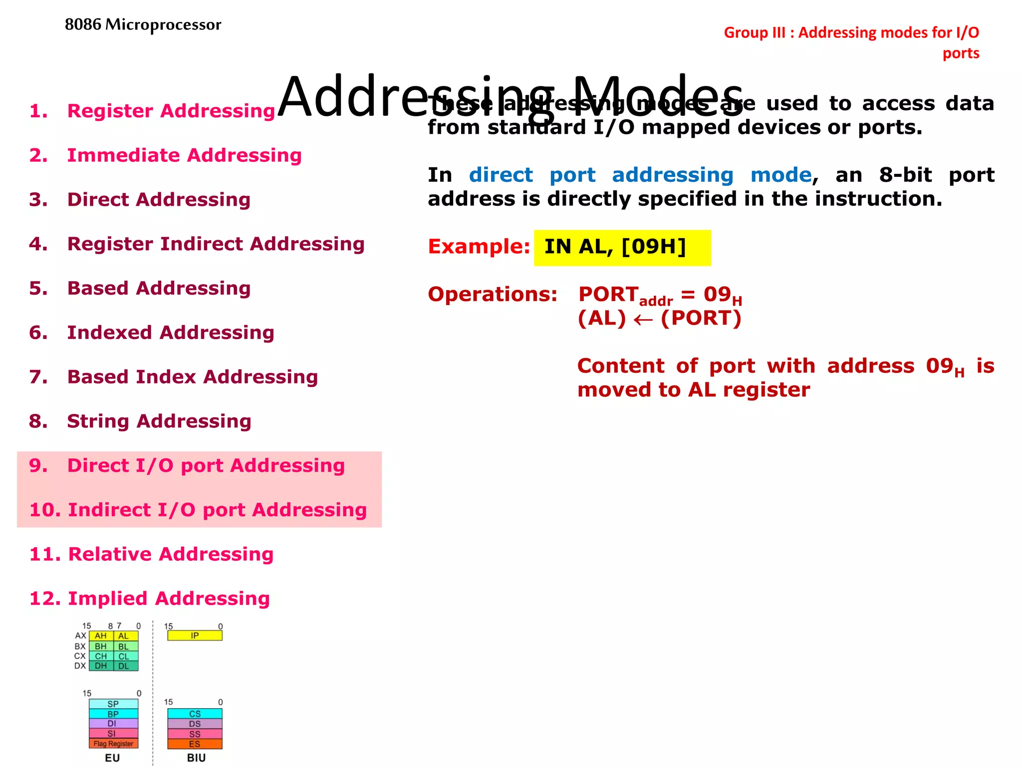 Addressing Modes
14
8086 Microprocessor
1. Register Addressing
2. Immediate Addressing
3. Direct Addressing
4. Register Indirect Addressing
5. Based Addressing
6. Indexed Addressing
7. Based Index Addressing
8. String Addressing
9. Direct I/O port Addressing
10. Indirect I/O port Addressing
11. Relative Addressing
12. Implied Addressing
These addressing modes are used to access data
from standard I/O mapped devices or ports.
In direct port addressing mode, an 8-bit port
address is directly specified in the instruction.
Example: IN AL, [09H]
Operations: PORTaddr = 09H
(AL)  (PORT)
Content of port with address 09H is
moved to AL register
In indirect port addressing mode, the instruction
will specify the name of the register which holds
the port address. In 8086, the 16-bit port address
is stored in the DX register.
Example: OUT [DX], AX
Operations: PORTaddr = (DX)
(PORT)  (AX)
Content of AX is moved to port
whose address is specified by DX
register.
Group III : Addressing modes for I/O
ports
 