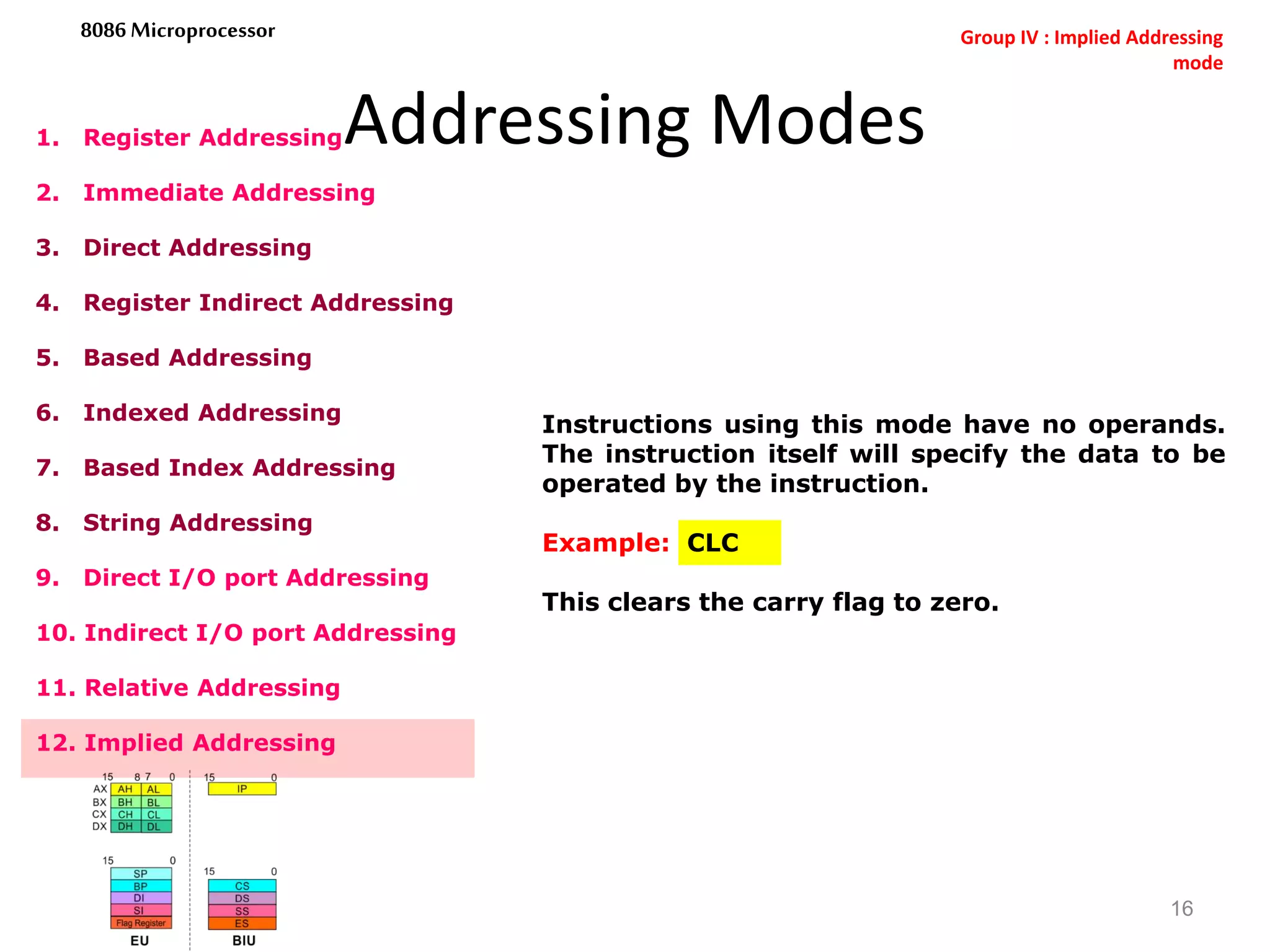 Addressing Modes
16
8086 Microprocessor
1. Register Addressing
2. Immediate Addressing
3. Direct Addressing
4. Register Indirect Addressing
5. Based Addressing
6. Indexed Addressing
7. Based Index Addressing
8. String Addressing
9. Direct I/O port Addressing
10. Indirect I/O port Addressing
11. Relative Addressing
12. Implied Addressing
Instructions using this mode have no operands.
The instruction itself will specify the data to be
operated by the instruction.
Example: CLC
This clears the carry flag to zero.
Group IV : Implied Addressing
mode
 