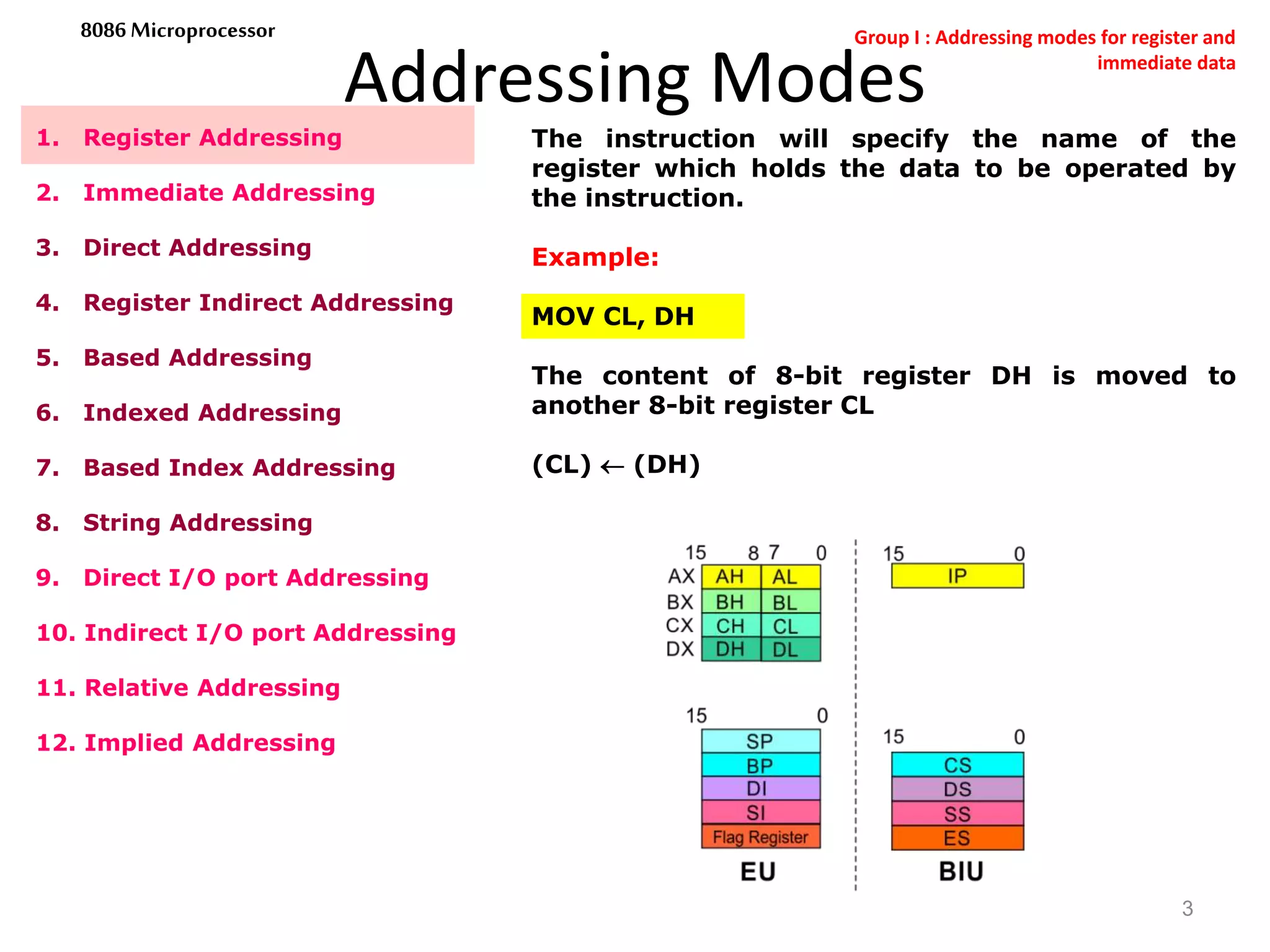 Addressing Modes
3
8086 Microprocessor
1. Register Addressing
2. Immediate Addressing
3. Direct Addressing
4. Register Indirect Addressing
5. Based Addressing
6. Indexed Addressing
7. Based Index Addressing
8. String Addressing
9. Direct I/O port Addressing
10. Indirect I/O port Addressing
11. Relative Addressing
12. Implied Addressing
The instruction will specify the name of the
register which holds the data to be operated by
the instruction.
Example:
MOV CL, DH
The content of 8-bit register DH is moved to
another 8-bit register CL
(CL)  (DH)
Group I : Addressing modes for register and
immediate data
 
