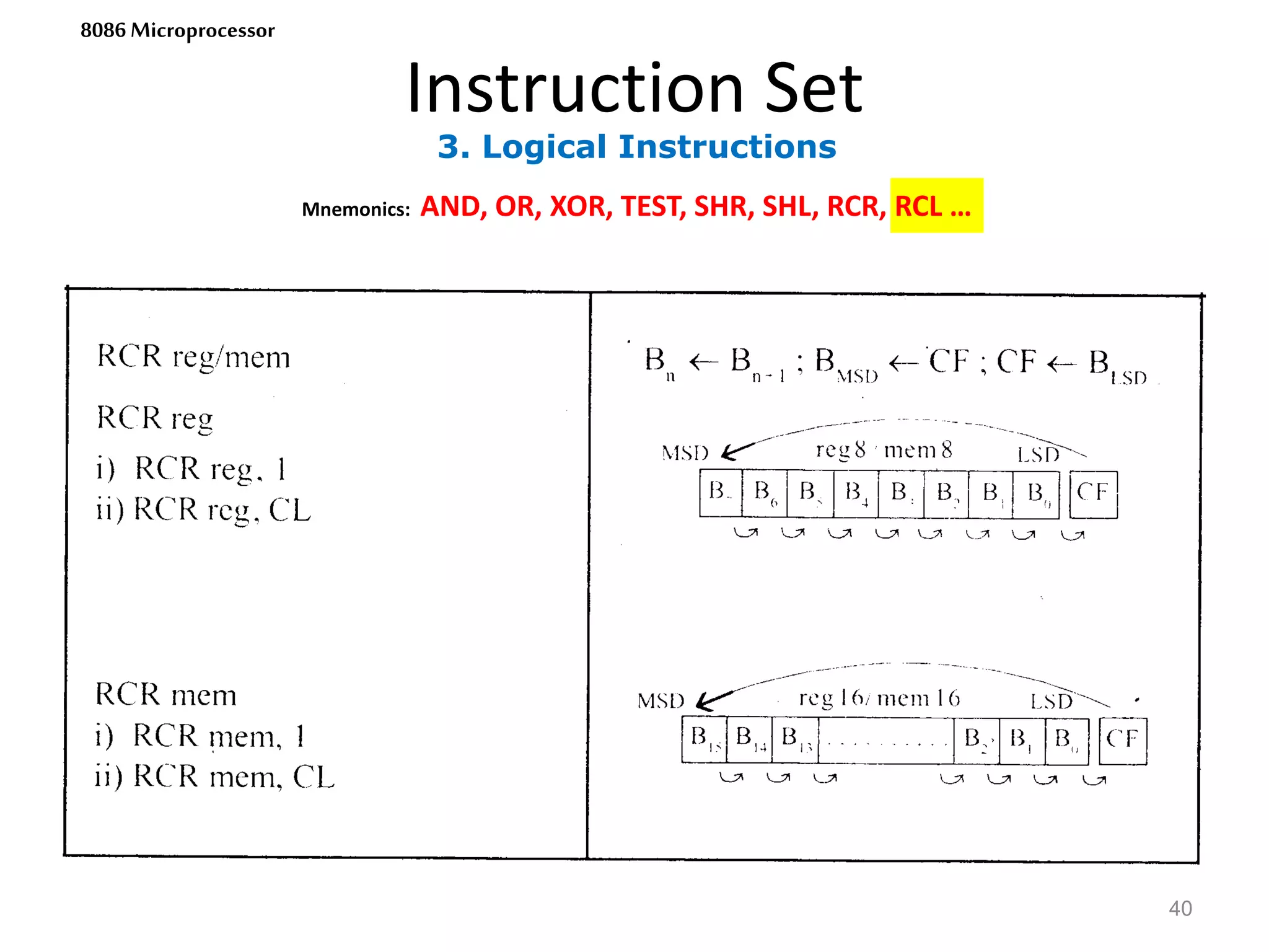 3. Logical Instructions
Instruction Set
40
8086 Microprocessor
Mnemonics: AND, OR, XOR, TEST, SHR, SHL, RCR, RCL …
 