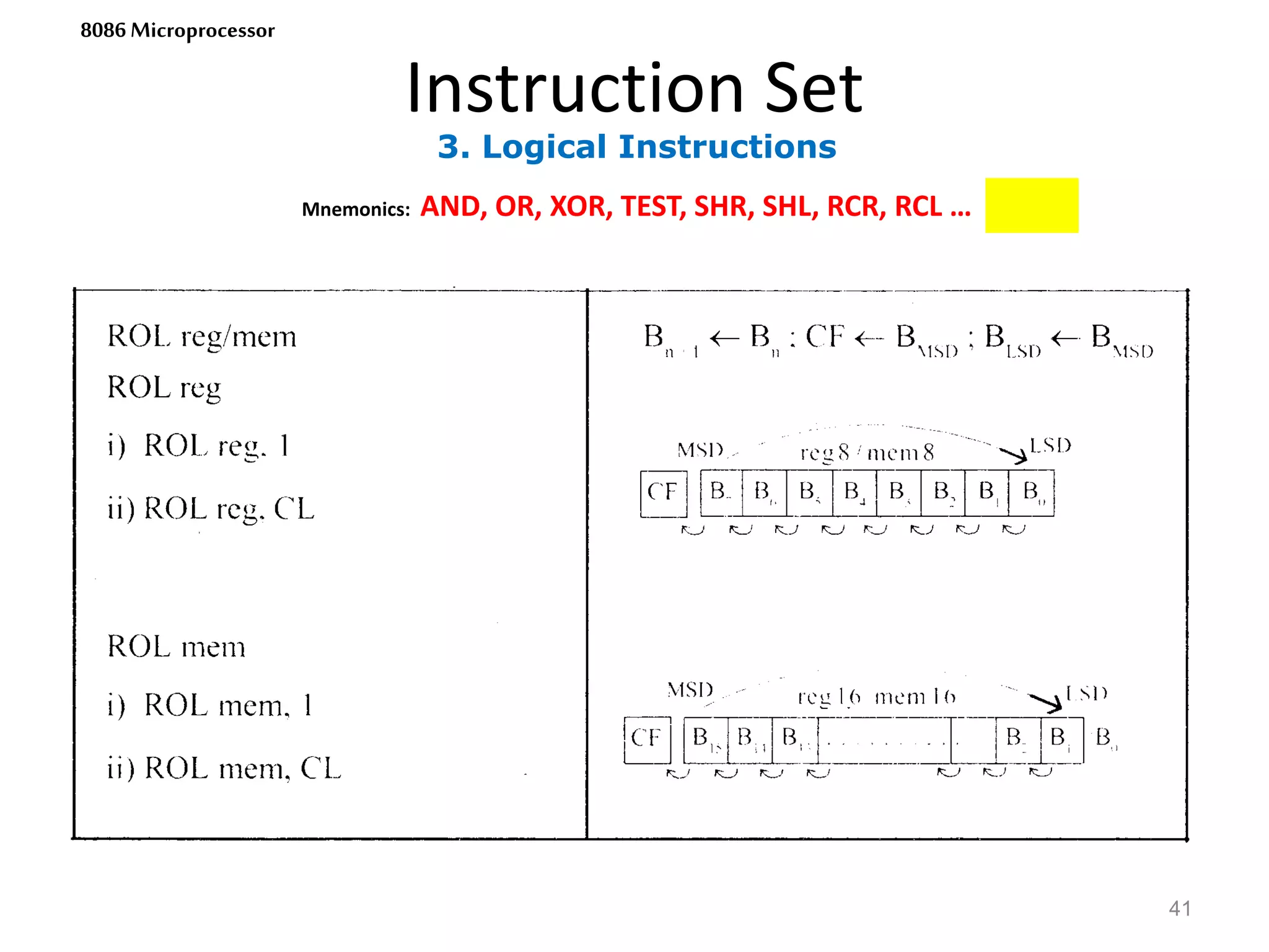 3. Logical Instructions
Instruction Set
41
8086 Microprocessor
Mnemonics: AND, OR, XOR, TEST, SHR, SHL, RCR, RCL …
 