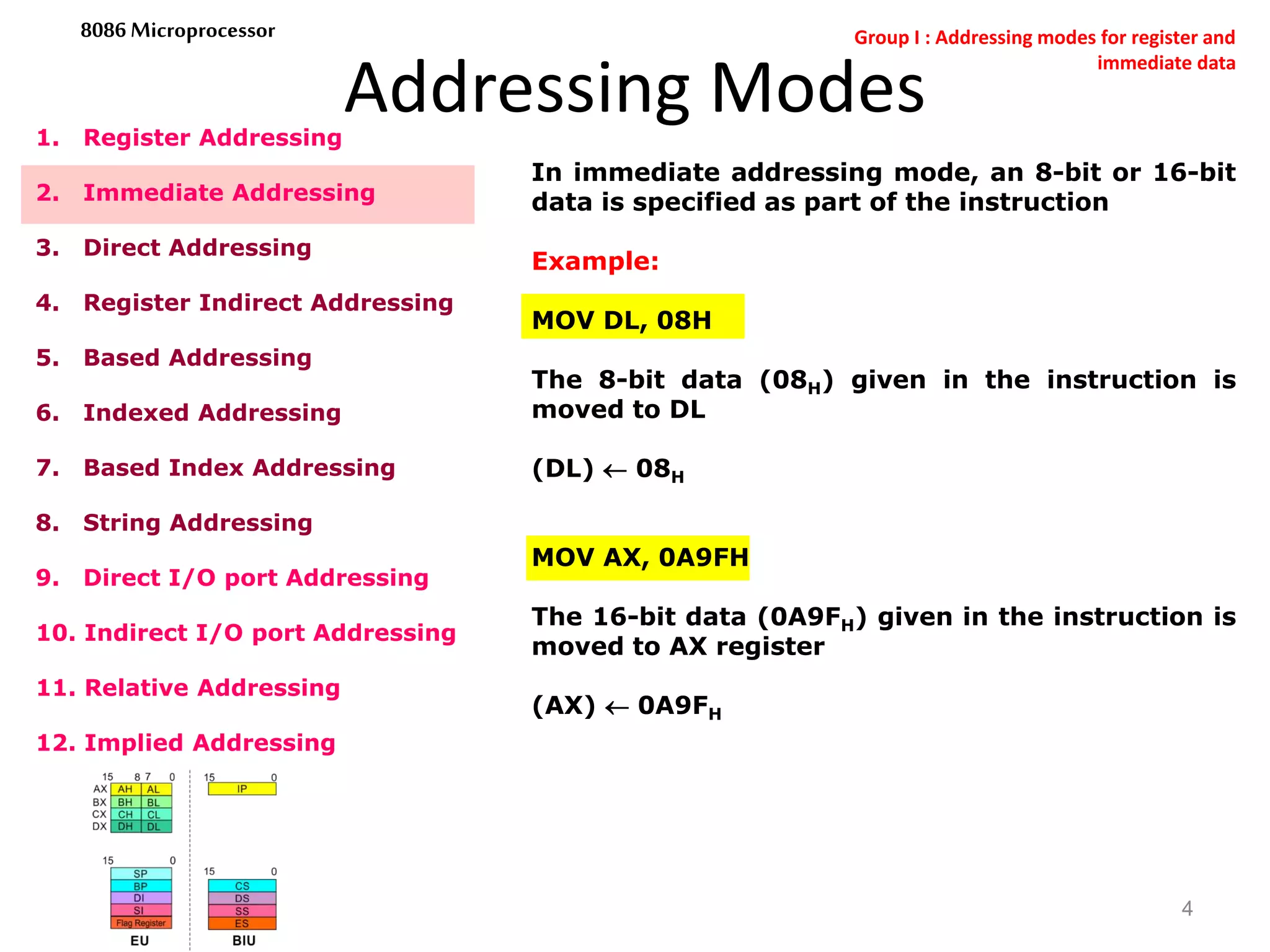 Addressing Modes
4
8086 Microprocessor
1. Register Addressing
2. Immediate Addressing
3. Direct Addressing
4. Register Indirect Addressing
5. Based Addressing
6. Indexed Addressing
7. Based Index Addressing
8. String Addressing
9. Direct I/O port Addressing
10. Indirect I/O port Addressing
11. Relative Addressing
12. Implied Addressing
In immediate addressing mode, an 8-bit or 16-bit
data is specified as part of the instruction
Example:
MOV DL, 08H
The 8-bit data (08H) given in the instruction is
moved to DL
(DL)  08H
MOV AX, 0A9FH
The 16-bit data (0A9FH) given in the instruction is
moved to AX register
(AX)  0A9FH
Group I : Addressing modes for register and
immediate data
 
