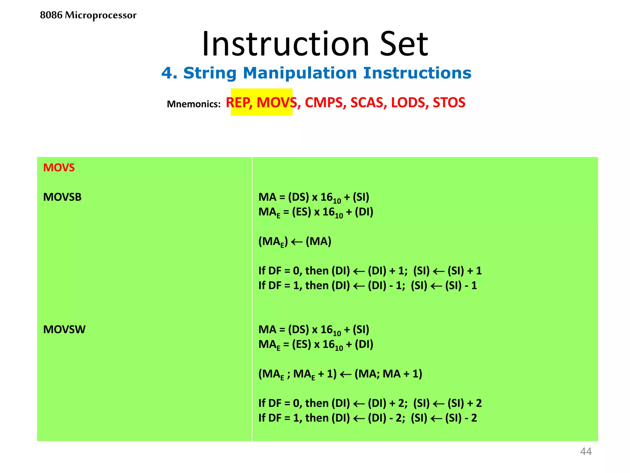 4. String Manipulation Instructions
Instruction Set
44
8086 Microprocessor
Mnemonics: REP, MOVS, CMPS, SCAS, LODS, STOS
MOVS
MOVSB
MOVSW
MA = (DS) x 1610 + (SI)
MAE = (ES) x 1610 + (DI)
(MAE)  (MA)
If DF = 0, then (DI)  (DI) + 1; (SI)  (SI) + 1
If DF = 1, then (DI)  (DI) - 1; (SI)  (SI) - 1
MA = (DS) x 1610 + (SI)
MAE = (ES) x 1610 + (DI)
(MAE ; MAE + 1)  (MA; MA + 1)
If DF = 0, then (DI)  (DI) + 2; (SI)  (SI) + 2
If DF = 1, then (DI)  (DI) - 2; (SI)  (SI) - 2
 