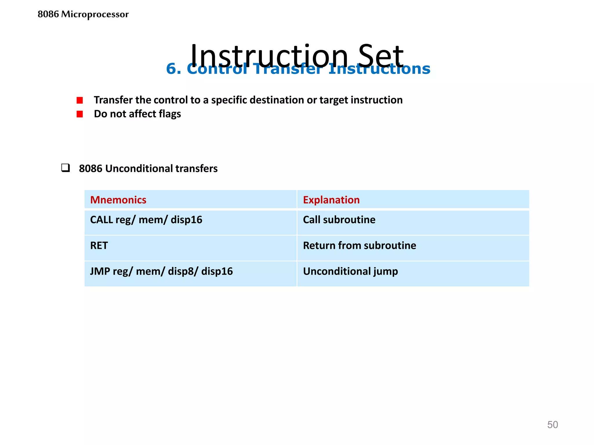 6. Control Transfer Instructions
Instruction Set
50
8086 Microprocessor
Transfer the control to a specific destination or target instruction
Do not affect flags
Mnemonics Explanation
CALL reg/ mem/ disp16 Call subroutine
RET Return from subroutine
JMP reg/ mem/ disp8/ disp16 Unconditional jump
 8086 Unconditional transfers
 