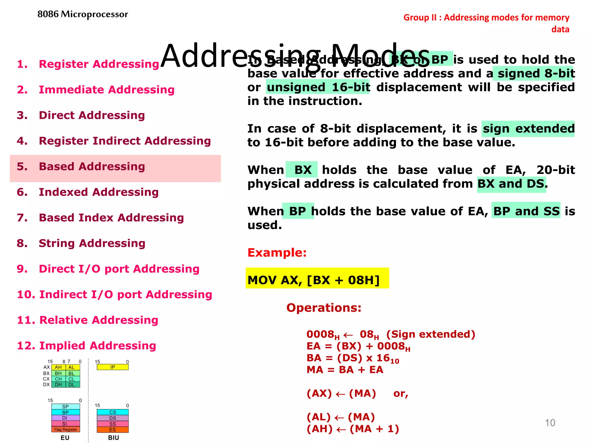 Addressing Modes
10
8086 Microprocessor
1. Register Addressing
2. Immediate Addressing
3. Direct Addressing
4. Register Indirect Addressing
5. Based Addressing
6. Indexed Addressing
7. Based Index Addressing
8. String Addressing
9. Direct I/O port Addressing
10. Indirect I/O port Addressing
11. Relative Addressing
12. Implied Addressing
In Based Addressing, BX or BP is used to hold the
base value for effective address and a signed 8-bit
or unsigned 16-bit displacement will be specified
in the instruction.
In case of 8-bit displacement, it is sign extended
to 16-bit before adding to the base value.
When BX holds the base value of EA, 20-bit
physical address is calculated from BX and DS.
When BP holds the base value of EA, BP and SS is
used.
Example:
MOV AX, [BX + 08H]
Operations:
0008H  08H (Sign extended)
EA = (BX) + 0008H
BA = (DS) x 1610
MA = BA + EA
(AX)  (MA) or,
(AL)  (MA)
(AH)  (MA + 1)
Group II : Addressing modes for memory
data
 