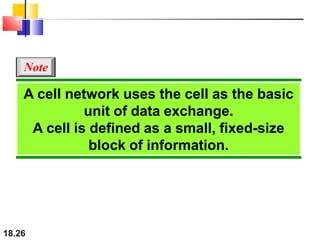 18.26
A cell network uses the cell as the basic
unit of data exchange.
A cell is defined as a small, fixed-size
block of information.
Note
 