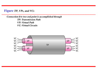 Figure TP, VPs, and VCs
Connection b/w two end point is accomplished through
TP: Transmission Path
VP: Virtual Path
VC: Virtual Circuits
 