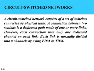 8.4
CIRCUIT-SWITCHED NETWORKS
A circuit-switched network consists of a set of switches
connected by physical links. A connection between two
stations is a dedicated path made of one or more links.
However, each connection uses only one dedicated
channel on each link. Each link is normally divided
into n channels by using FDM or TDM.
 