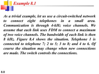 8.8
As a trivial example, let us use a circuit-switched network
to connect eight telephones in a small area.
Communication is through 4-kHz voice channels. We
assume that each link uses FDM to connect a maximum
of two voice channels. The bandwidth of each link is then
8 kHz. Figure 8.4 shows the situation. Telephone 1 is
connected to telephone 7; 2 to 5; 3 to 8; and 4 to 6. Of
course the situation may change when new connections
are made. The switch controls the connections.
Example 8.1
 