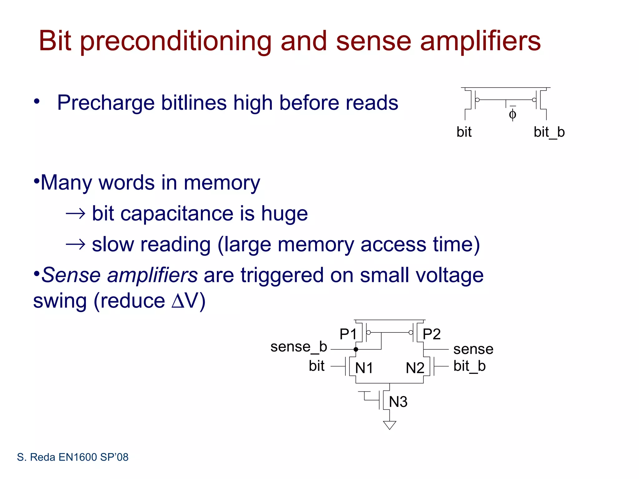 Bit preconditioning and sense amplifiers

  • Precharge bitlines high before reads                      φ
                                                      bit         bit_b


  •Many words in memory
     → bit capacitance is huge
     → slow reading (large memory access time)
  •Sense amplifiers are triggered on small voltage
  swing (reduce ∆V)
                                      P1         P2
                           sense_b                    sense
                                bit    N1    N2       bit_b

                                            N3


S. Reda EN1600 SP’08
 