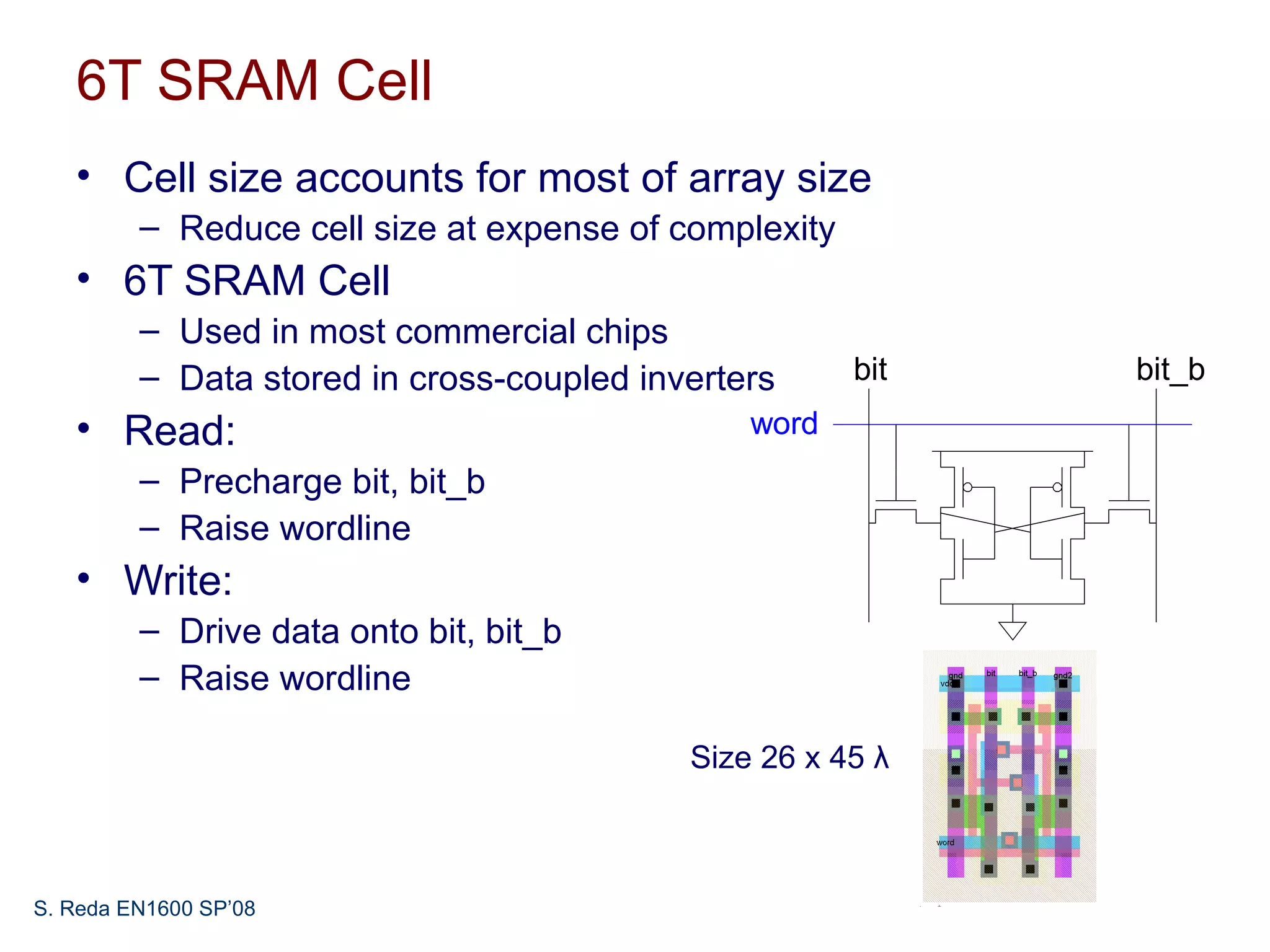6T SRAM Cell
   • Cell size accounts for most of array size
         – Reduce cell size at expense of complexity
   • 6T SRAM Cell
         – Used in most commercial chips
         – Data stored in cross-coupled inverters      bit   bit_b
   • Read:                                     word
         – Precharge bit, bit_b
         – Raise wordline
   • Write:
         – Drive data onto bit, bit_b
         – Raise wordline

                                           Size 26 x 45 λ



S. Reda EN1600 SP’08
 