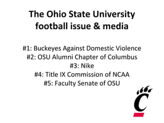 The Ohio State University
football issue & media
#1: Buckeyes Against Domestic Violence
#2: OSU Alumni Chapter of Columbus
#3: Nike
#4: Title IX Commission of NCAA
#5: Faculty Senate of OSU
 