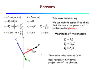 Phasors
ε = E cos ( ωt + ϕ )

vR = VR cos ( ωt )


π
vC = VC cos  ωt − ÷
2


π
v L = VL cos  ωt + ÷
2


i = I cos ( ωt )

This looks intimidating…

VR = RI
1
Cω

VR = XC I

XC =

VL = X LI

X L = Lω

VL
VR

I
ωt

We can make it easier if we think
that these are components of
vectors called phasors.

Magnitude of the phasors:

VR = RI
VC = XC I
VL = X LI
The entire thing rotates CCW.

VC

Real voltages = horizontal
projections of the phasors.

 