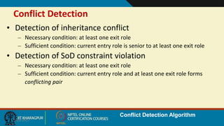 Conflict Detection
9/20/2017
• Detection of inheritance conflict
– Necessary condition: at least one exit role
– Sufficient condition: current entry role is senior to at least one exit role
• Detection of SoD constraint violation
– Necessary condition: at least one exit role
– Sufficient condition: current entry role and at least one exit role forms
conflicting pair
Conflict Detection Algorithm
 