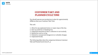 KATA
© 2016 The Leadership Network®
© 2016 Jidoka®
06
CUSTOMERTAKT AND
PLANNED CYCLE TIME
You	should	operate	your	production	to	plan	for	approximately	
15%	less	than	your	Customer	Takt	Time.
This	will:
1. Allow	for	any	unplanned	minor	or	major	stops	of	the	line.
2. Start-up	yield	loss	or	finishing	loss.
3. Unplanned	downtime	(if	this	is	unknown	or	not	tracked).
4. Quality	loss	such	as	scrap.
5. Untimed	or	unexpected	changeovers	or	schedule	changes.
6. Unplanned	breaks.
The	following	slides	show	the	comparison	between	Customer	
Takt	and	Planned	Cycle	time	(P	CT)
 
