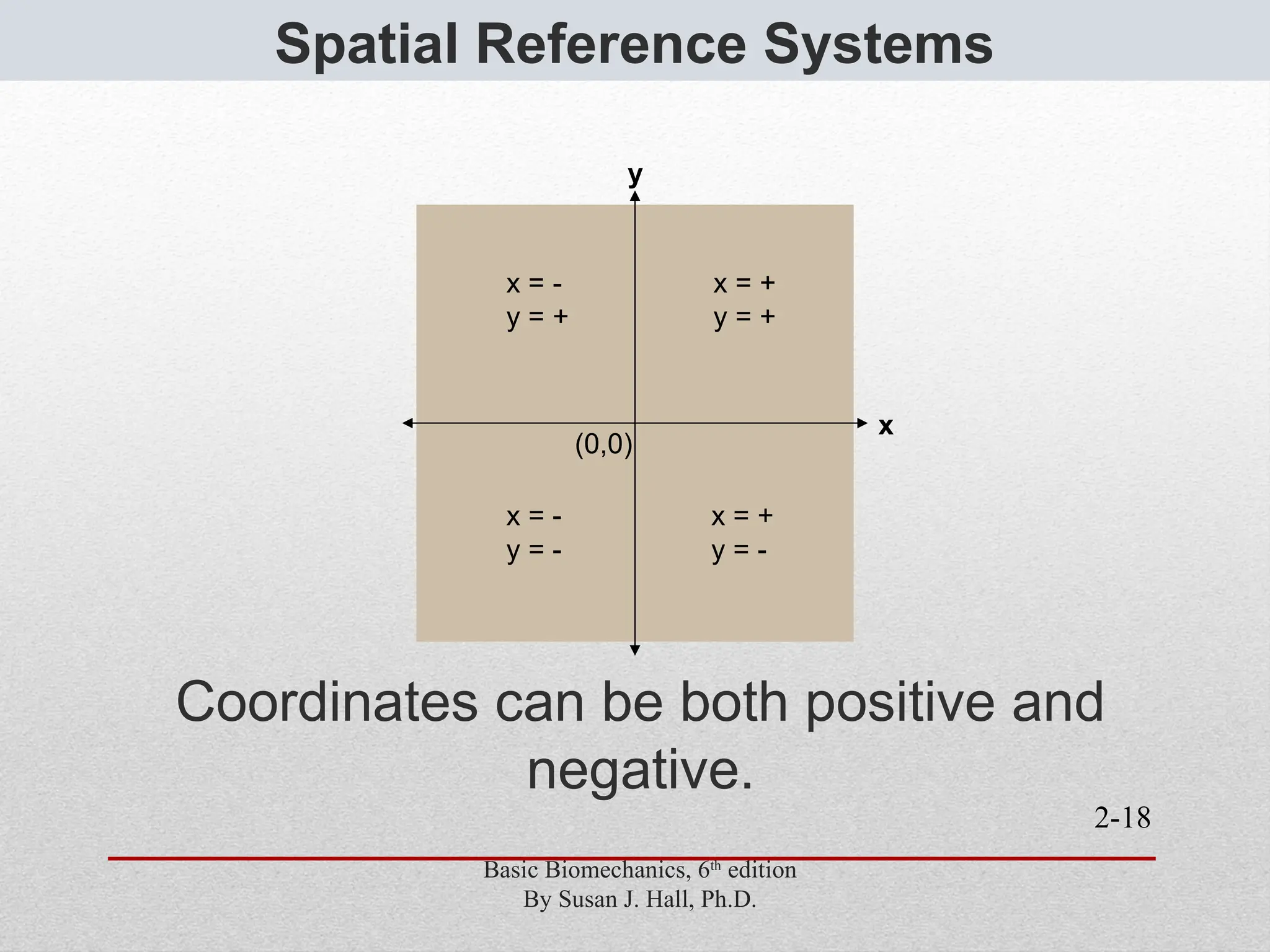 2-18
Spatial Reference Systems
Coordinates can be both positive and
negative.
x
y
(0,0)
x = +
y = +
x = -
y = +
x = -
y = -
x = +
y = -
Basic Biomechanics, 6th
edition
By Susan J. Hall, Ph.D.
 