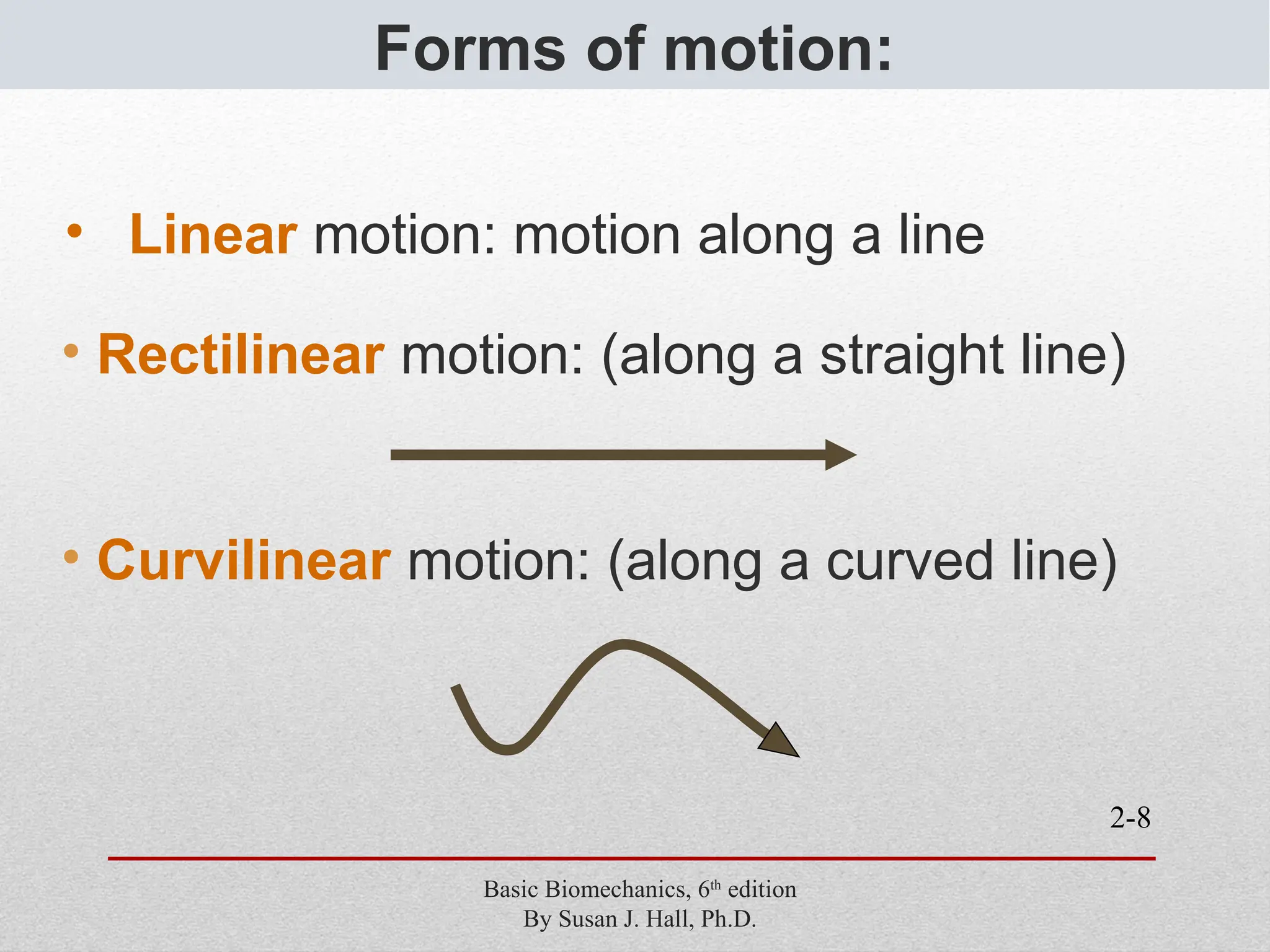 2-8
Forms of motion:
• Linear motion: motion along a line
• Rectilinear motion: (along a straight line)
• Curvilinear motion: (along a curved line)
Basic Biomechanics, 6th
edition
By Susan J. Hall, Ph.D.
 