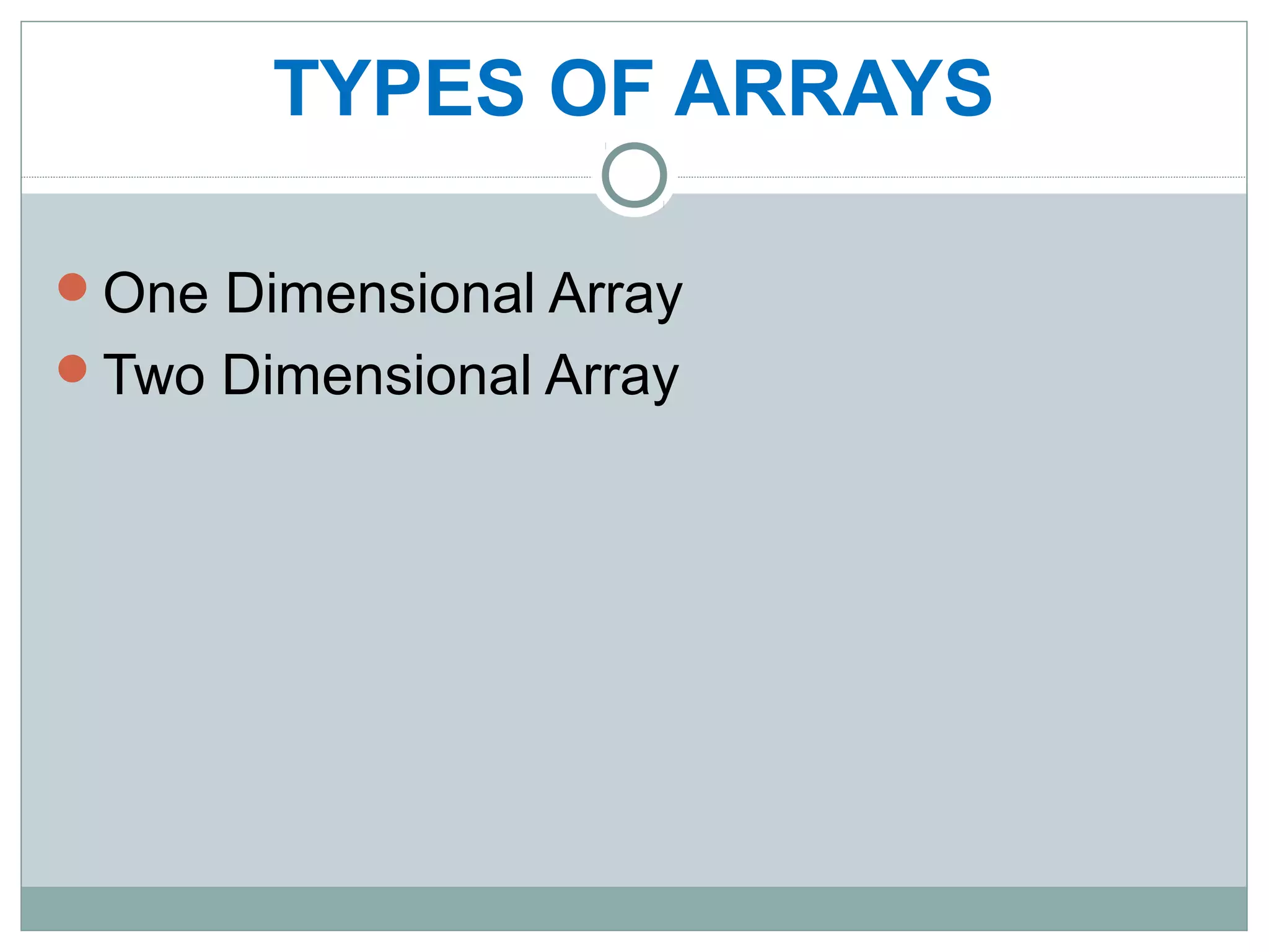 TYPES OF ARRAYS
One Dimensional Array
Two Dimensional Array
 
