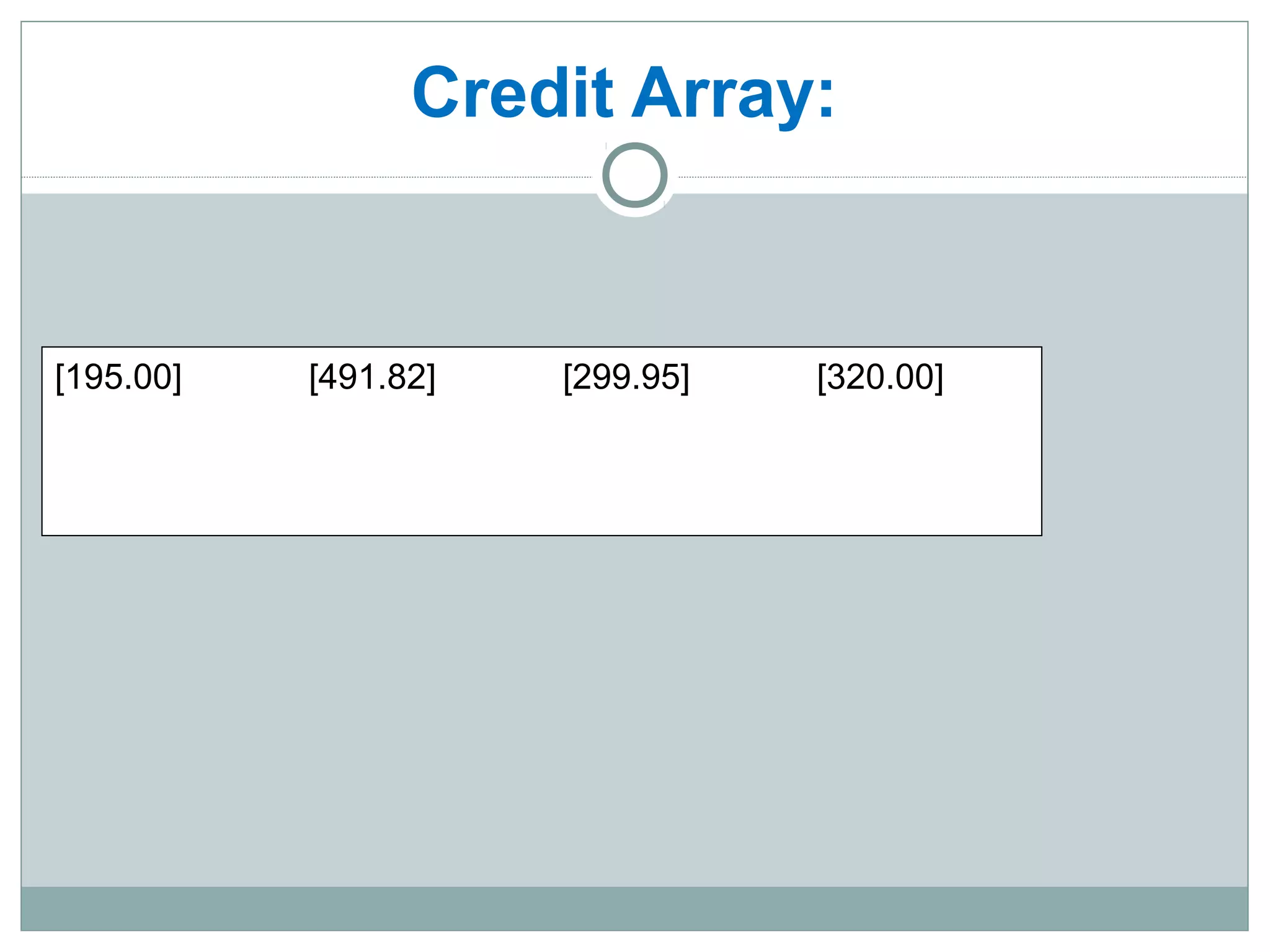 Credit Array:
[195.00] [491.82] [299.95] [320.00]
 